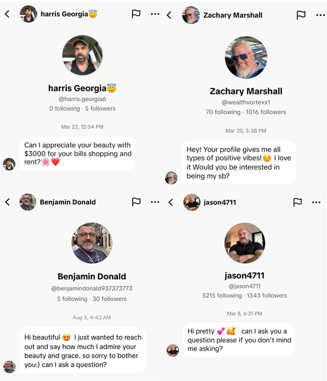 Screenshot of several fake social media accounts as examples of romance scammers